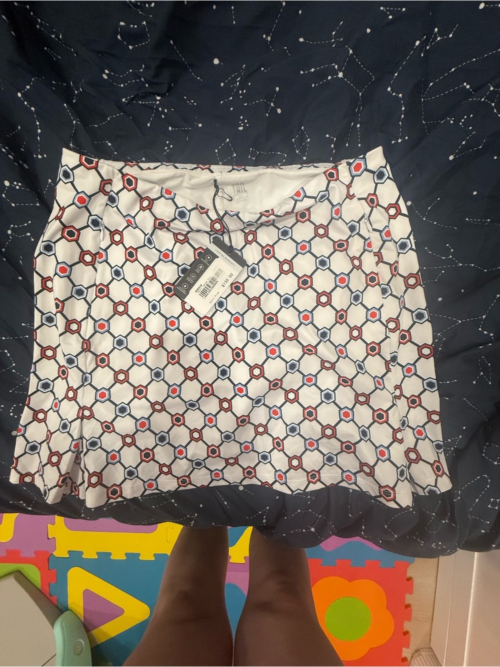 Tail White Mini Skirt with Red and Navy Geometric Print